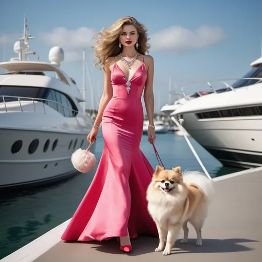 Prompt: Photorealistic Caucasian woman with  long dark blonde wavy hair, blue eyes and red lips, wearing a pink low cut ballroom dress with rushes and high heels, a diamond necklace and a diamond bracelet, walking with a small white Pomeranian on a leash in a harbour with luxury yachts