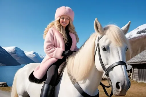 Prompt: A happy smiling Scandinavian woman with thick very long wavy blonde hair, blue eyes, pink lips, wearing a fur hat, dense luxury jacket, black legging and black boots with black fur, on the back of a white horse in a scenic Scandinavian setting with fjords and a Viking village, blue sky, sunny day, photorealistic