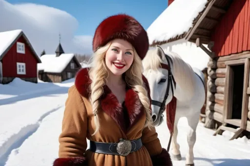 Prompt: A smiling curvy Scandinavian woman with waist long curly blonde hair, blue eyes, red lips, wearing a dense fur coat and Russian style fur hat, walking with a snow-white horse in a Nordic scenery with a viking village in the background on a sunny day with blue sky, photorealistic, detailed