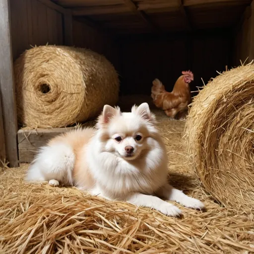 Prompt: A white Pomeranian lying on her back in straw in a barn where 3 Araucanian brown chickens pick grains and a grey tabby cat is sleeping on a pile of straw