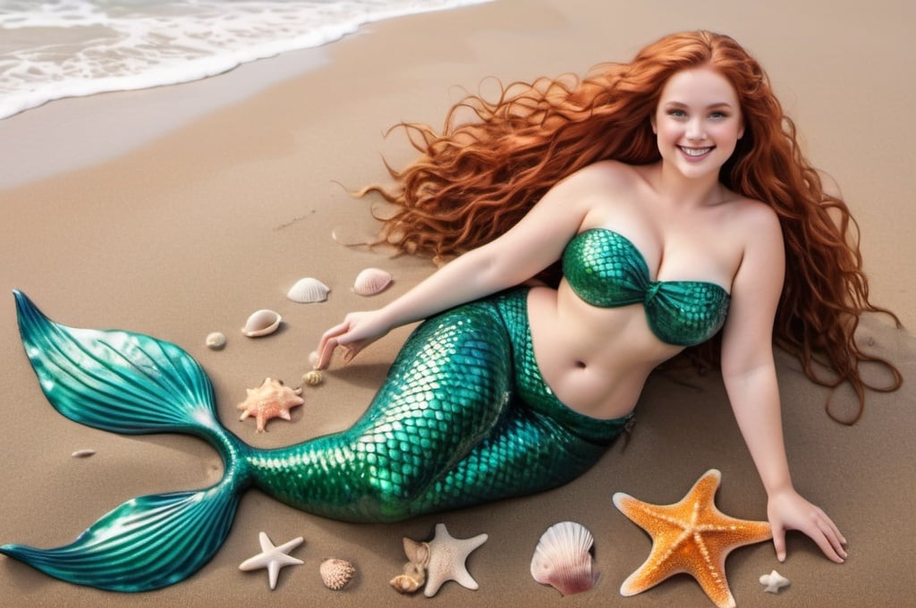 Prompt: a beautiful happy smiling curvy  wet Caucasian mermaid with waist-long auburn wavy hair and emerald green eyes, lying on the beach with saeeshells and starfish, full body and tail visisble, photorealistic