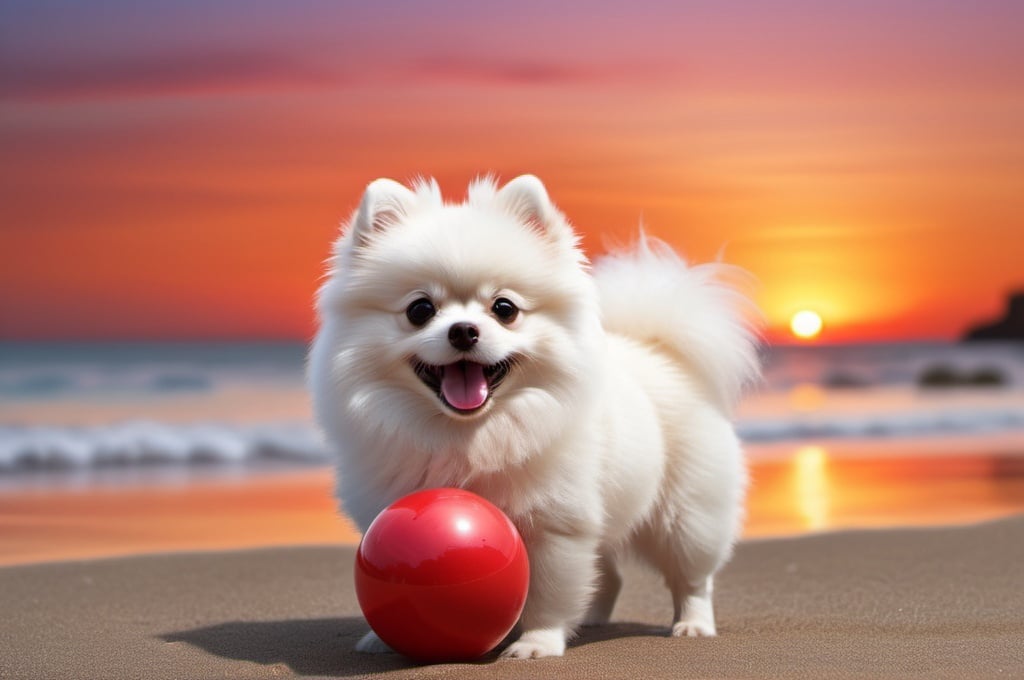 Prompt: Photorealistic silhouette of a white cute litlle Pomeranian playing with a red ball on a sunset beach with exotic seahells