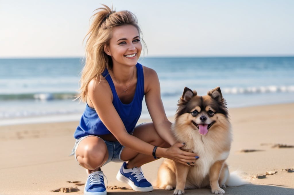 Prompt: A suntanned smiling Caucasian woman with a dark blonde mullet hairstyle, wearing a pair of ripped jeans shorts and a sleeveless royal blue crop top and a pair of white sneakers playing on the beach with a cute little fluffy Pomeranian dog