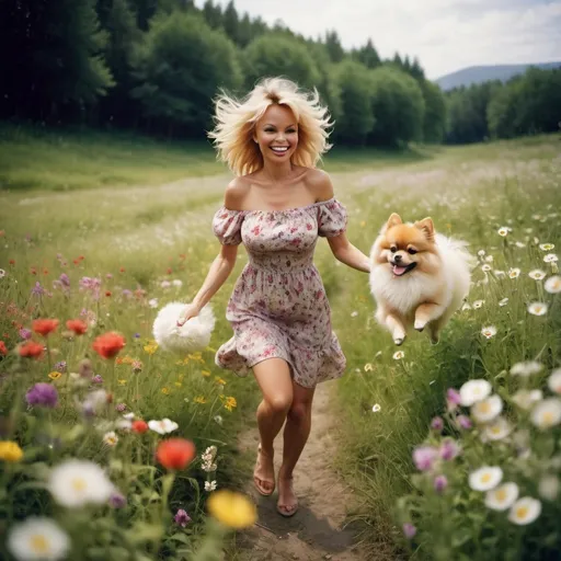 Prompt: Holga photography, a Caucasian smiling woman with dark blonde hair Pamela Anderson style, wearing a floral off-shoulder summer dress, picking flowers in a romantic wild flower field with her cute very little completely snow-white Pomeranian jumps up to catch a ball