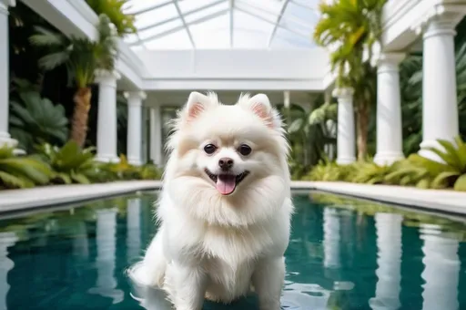 Prompt: A little white Pomeranian dog swimming in the pool in the tropical garden with palm trees and Greek statues of a white modern luxury glass  house 