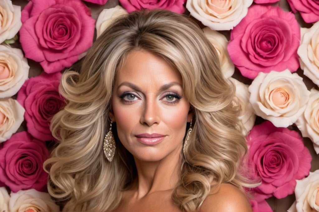 Prompt: Glamour photography of a woman with brown with blonde highlights Farrah Fawcett hairstyle with pink roses flower wall background photorealistic