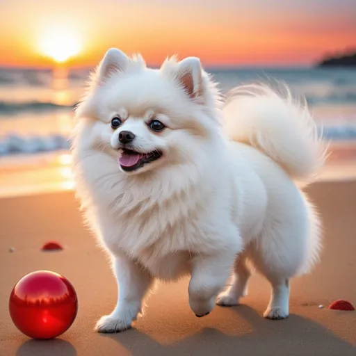 Prompt: Photorealistic silhouette of a white cute litlle Pomeranian playing with a red ball on a sunset beach with exotic seahells
