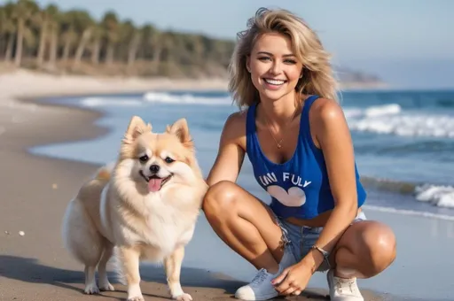 Prompt: A suntanned smiling Caucasian woman with a dark blonde mullet hairstyle, wearing a pair of ripped jeans shorts and a sleeveless royal blue crop top and a pair of white sneakers playing on the beach with a cute little fully white fluffy Pomeranian dog