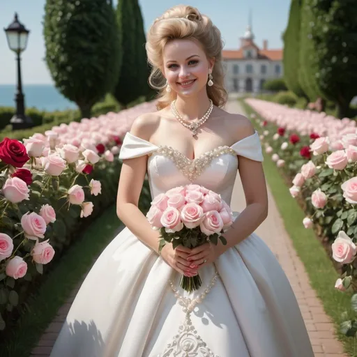 Prompt: Petite curvy Caucasian smiling woman with dark blonde hair Marie Antoinette style decorated pearl swirls, wearing a baroque style low cut white wedding dress ornamented with pearls and white satin roses, white gloves, an elegant pearl necklace and long pearl drop shaped earrings, walking towards an elaborate romantic wedding bow with pink roses on a path bordered with pink roses and beautiful romantic bows.  The woman holds a wedding bouquet of pink and red roses in her hands . A small fluffu white Pomeranian dog walks next to her. Beautiful sunny day with blue sky. The setting is a floral garden overlooking the sea.