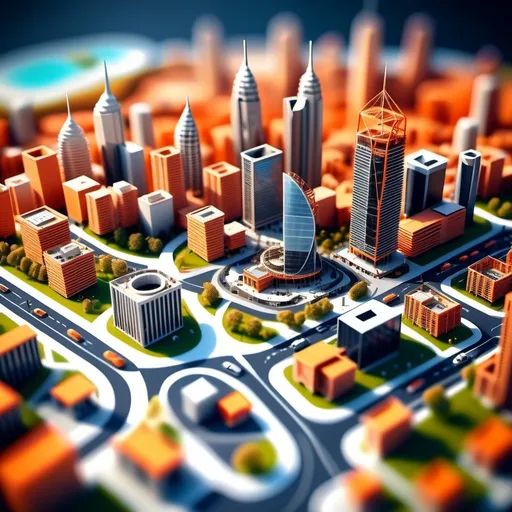 Prompt: detailed and clear aerial view, tilt-shift, isometric miniature world, detailed graphical landscape world render with data center's currently under construction. colors must be vibrant and welcoming with orange hues