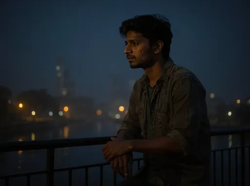 Prompt: Same young man in his mid-20s, Hindu background, standing on a small bridge or rooftop at night, looking out over the city or river.
Mood: quiet reflection mixed with subtle hope, introspective, almost at peace.
Appearance: same casual modern clothes, slightly worn, natural hairstyle, expressive eyes showing acceptance and thoughtfulness.
Pose: leaning slightly on a railing or sitting with knees drawn up, hands resting gently, looking at the horizon or moonlight.
Atmosphere: cinematic night scene, soft ambient light from distant lamps, faint glowing reflections on water or wet surface, mist or floating particles for dreamlike effect.
Background: city skyline or river at night, faint lanterns or soft glowing lights to symbolize memory and continuity.
Style: semi-realistic, cinematic, modern, visually striking for AI video generation.
Expression: calm, introspective, a mix of sorrow and quiet resilience.
Optional: subtle musical waves, soft light aura to connect visually with the song.