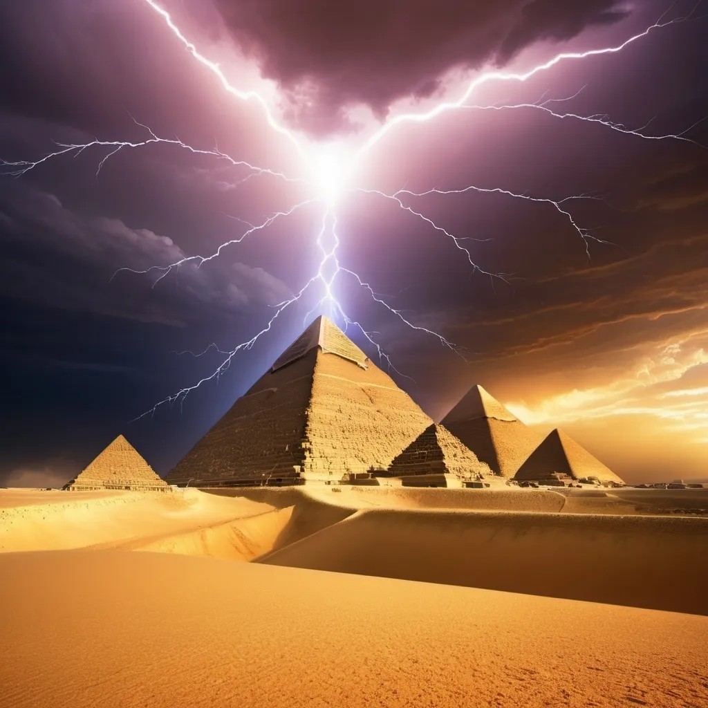 Prompt: the great pyramid in Egypt having four electrical arcs from the top of the pyramid to the ground