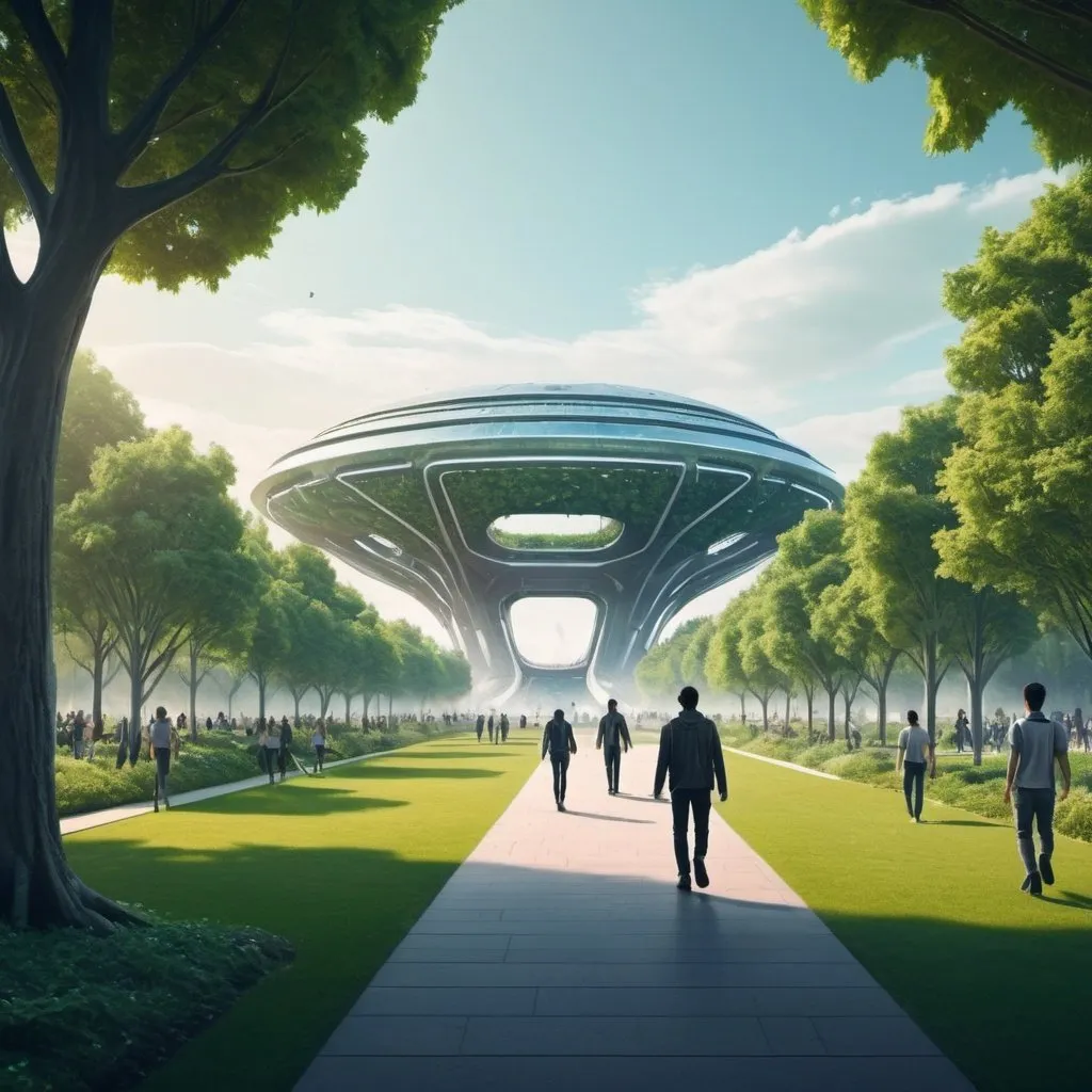 Prompt: Make an image of people walking towards an futuristic stadium through a nice park with trees and bushes and the stadium in the background in futuristic style.