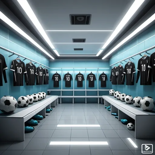 Prompt: Make an image of an dressing room for a soccer team with 30 seats, icebath, swimming pool, showers and gymstuff in a realistic and futuristic style.