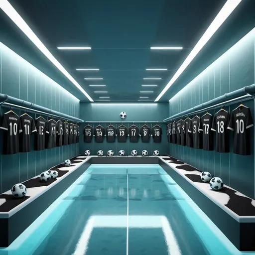 Prompt: Make an image of an dressing room for a soccer team with 30 seats, icebath, swimming pool in a realistic and futuristic style.