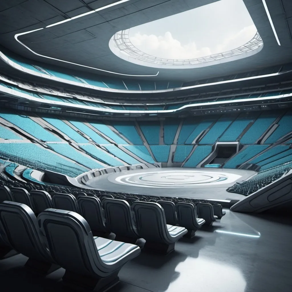 Prompt: Create an image from inside a futuristic stadium with seats where you can lay or sit on in futuristic style. 