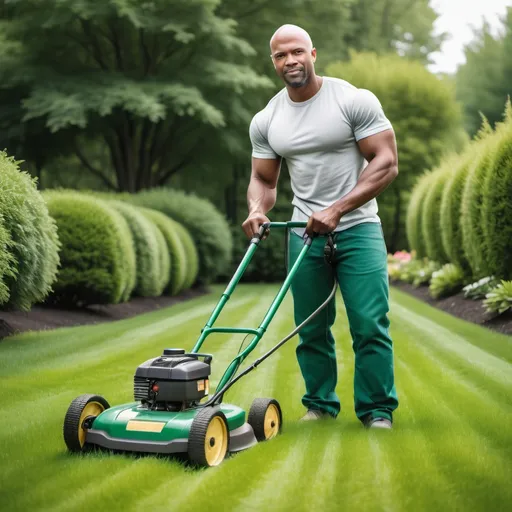 Prompt: GENERATE A PHOTO OF A HANDSOME BALD BLACK MAN WHO IS DOING LAWNCARE WITH A WEEDEATER