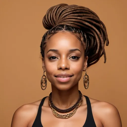 Prompt: GENERATE A PHOTO OF A AVERAGE HEIGHT BEAUTIFUL BROWNSKIN BLACK WOMAN WITH BROWN NECKLENGTH LOCS 