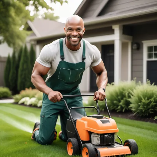 Prompt: GENERATE A PHOTO OF A HANDSOME BALD BLACK MAN WHO IS DOING LAWNCARE WITH A SMILE