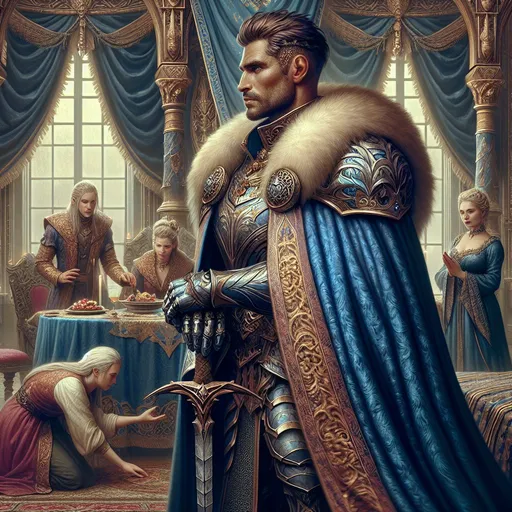 Prompt: A handsome emperor in a fantasy setting is standing in the luxurious bedroom of his vast palace, gazing out over his city, savouring his absolute power. He is Caucasian, in his late 30s, with short neat hair and is clean shaven. He stands, legs apart, next to a sumptuous bed in a vast luxurious room, kneeling servants offer him food and a beautiful woman gently touches his shoulders wanting attention. The emperor wears a heavy billowing royal blue and gold fur lined cloak with high armoured collar and spiked shoulder pads covering his broad shoulders. He wears a gold crown. His entire muscular body is covered in sharp glittering palladium armour. He clenches a fist that is completely enclosed in a jewel encrusted metal gauntlet glove. His other hand is gloved by a sharp metal gauntlet that sheaths his fingers in sharp cruel talons. The emperor’s expression is enigmatic and commanding. He radiates invincibility, absolute power & immortality. The scene captures the emperor’s full body and his vast surroundings.