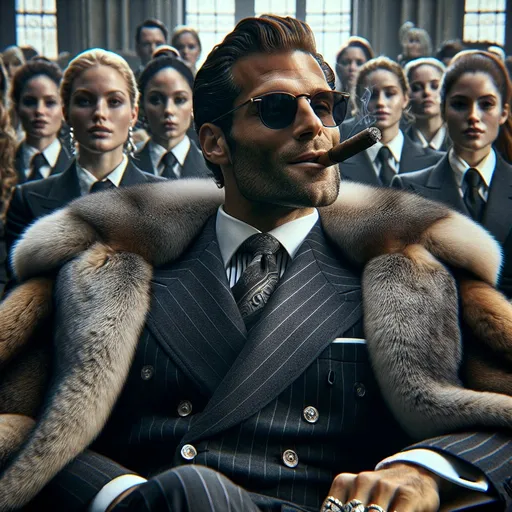 Prompt: A detailed full body photo of a wealthy handsome tanned Caucasian tycoon in his late 30s, with neat shirt hair, smoking a cigar wearing a vicuña overcoat with a sable fur collar like a cape over his elegantly tailored six button double breasted dark suit, narrow-striped shirt with white contrast collar and tie accessorised with signet ring and cuff links, sitting on an enormous throne surrounded by heavily armed female bodyguard, smiling cruelly as he watches through sunglasses his private army decimate his enemy, many of whom beg for his mercy. The tycoon radiates absolute power, wealth and control.
