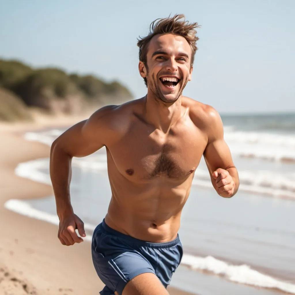 Prompt: happy guy jogging on beach 