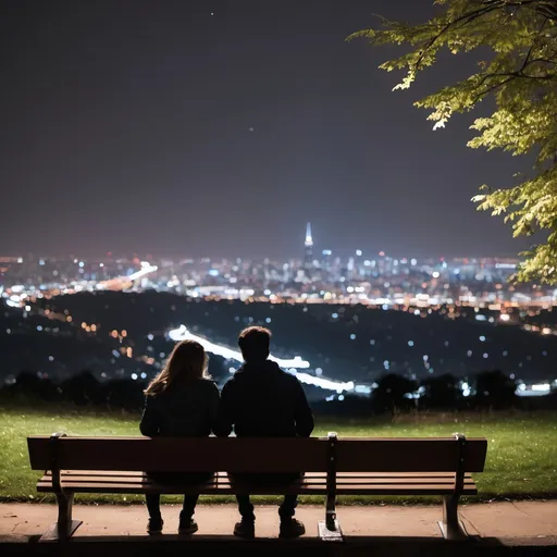 Prompt: Couple sitting on bench hugging and viewing city in the distance at night.