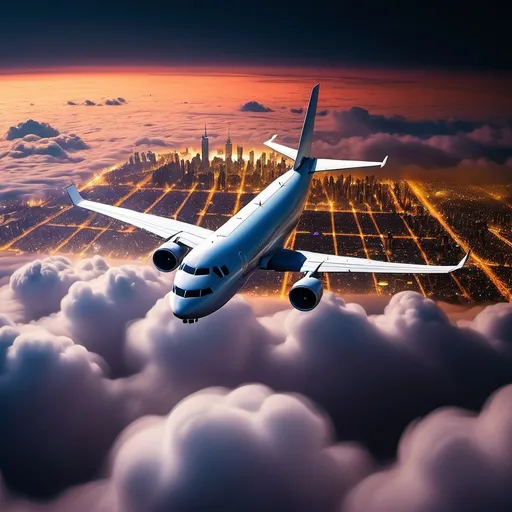 Prompt: Plane flying above clouds at night over huge city