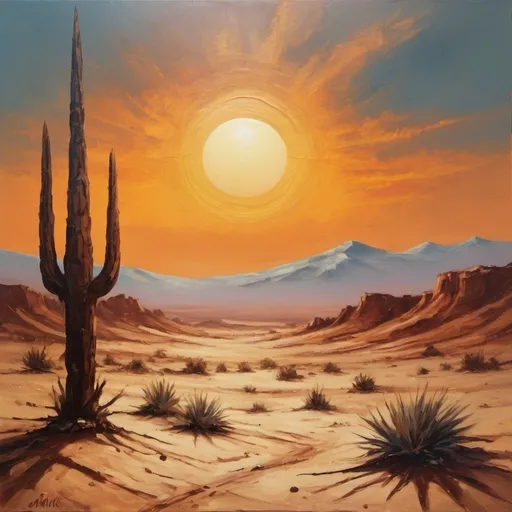 Prompt: Oniric desert with a big sun, melancholic vibe, aestethic, vintage, oil paint