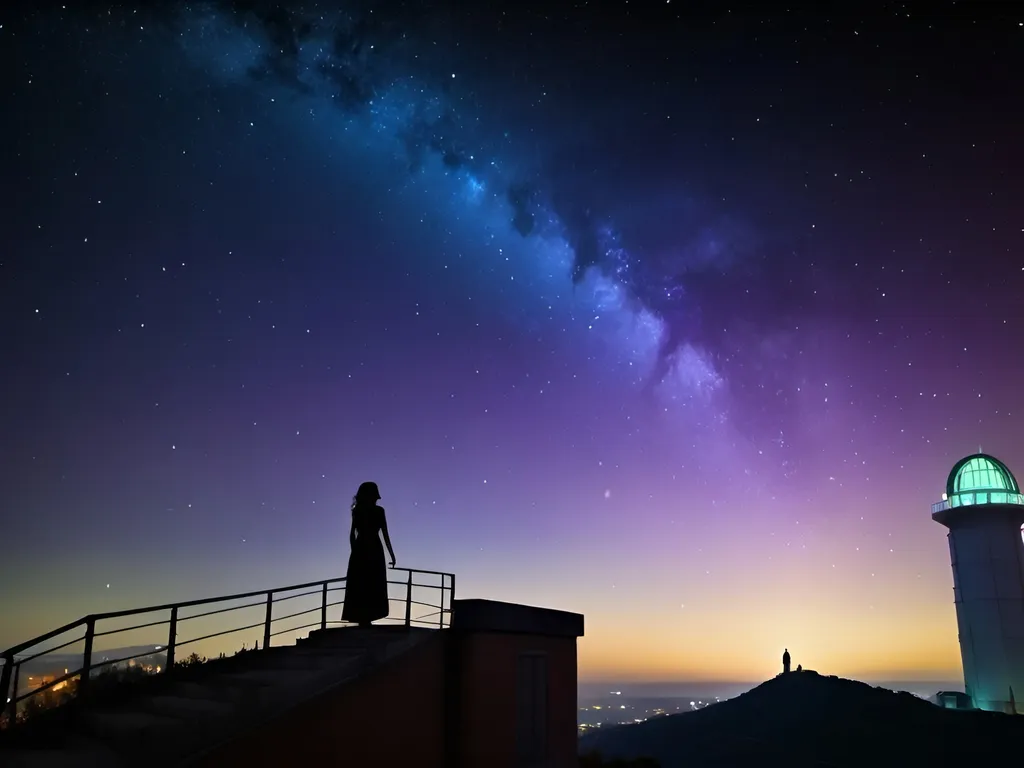 Prompt: (mysterious shadowy lady), gazing up at (ethereal galaxies), with shimmering stars twinkling brightly, backdrop of a (dreamy night sky), an (observatory silhouette) in the horizon, cosmic exploration, a sense of wonder, (deep blues and purples), high detail, enchanting atmosphere, (4K), capturing the beauty of the universe.