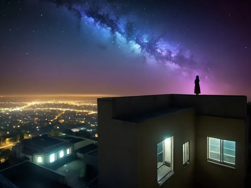 Prompt: (mysterious shadowy lady), gazing up at (ethereal galaxies), with shimmering stars twinkling brightly, backdrop of a (dreamy night sky), an (observatory silhouette) in the horizon, cosmic exploration, a sense of wonder, (deep blues and purples), high detail, enchanting atmosphere, (4K), capturing the beauty of the universe.