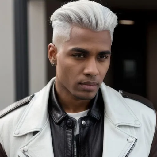 Prompt: A brown skin 23 man, black leather jacket, low fade white hair. high quality