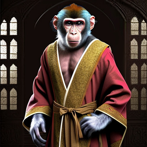 Prompt: a monkey, indian robe, D&D, vitral art
