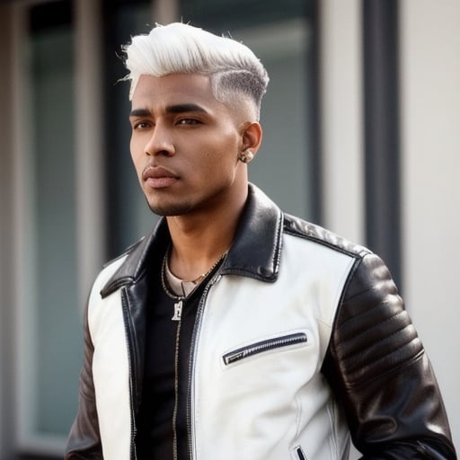 Prompt: A brown skin 23 man, black leather jacket, low fade white hair. high quality