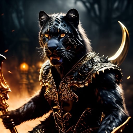 Prompt: Fantasy illustration of an anthropomorphic black jaguar wielding a lance, intricate fur natural patterns, intense and piercing gaze, highres, detailed, fantasy, mystical, anthropomorphic, black jaguar, lance, magical ambiance, detailed fur, intense gaze, mythical creature, professional, atmospheric lighting