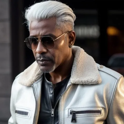 Prompt: A brown skin man, black leather jacket, low fade white hair. high quality