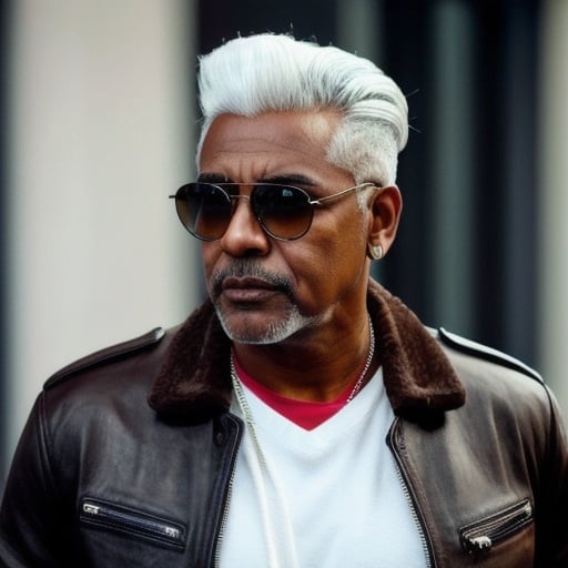 Prompt: A brown skin man, black leather jacket, low fade white hair. high quality