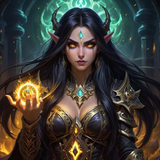 Prompt: anime girl with luxurious long black hair, beautiful golden eyes, (evil warlock outfit), (intricate details), menacing expression, casting a spell, dark mystical background, shimmering arcane symbols, dramatic lighting, cool color tones, (ultra-detailed), fantasy atmosphere, captures the essence of (World of Warcraft), enchanting yet sinister mood.