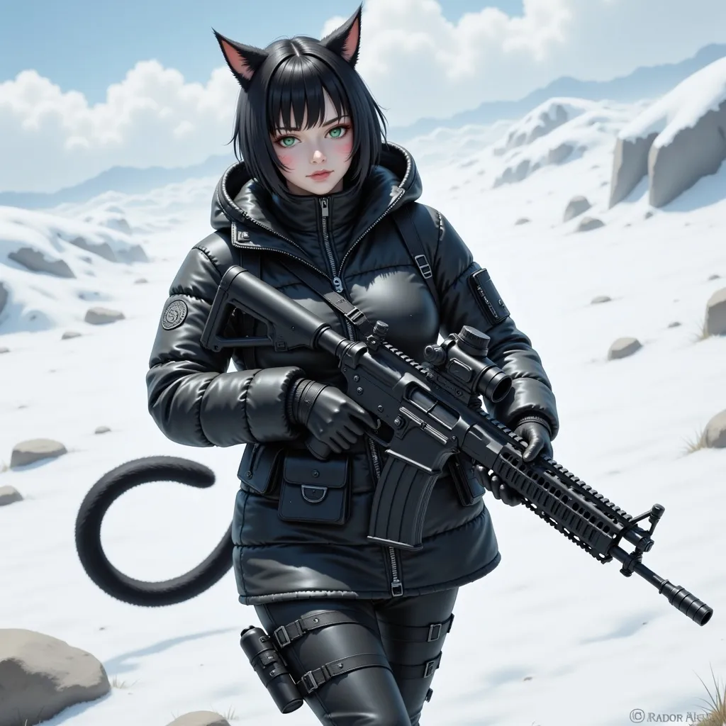 Prompt: Wearing a puffer coat, holding a sub machinegun with silencer, walking in a snowy wasteland,