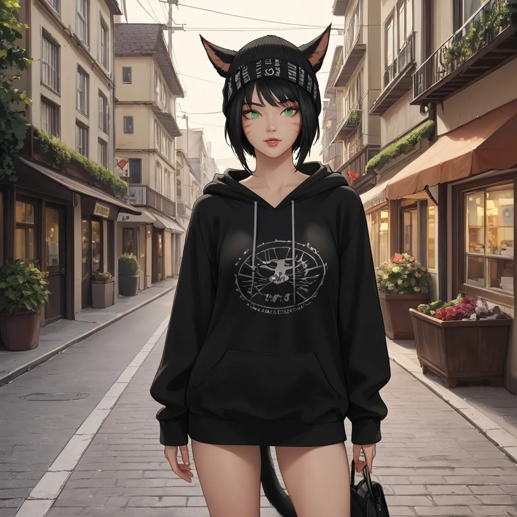 Prompt: ultrarealistic, A beautiful female miqo'te with short black hair and green eyes, wearing a beanie, wearing a large oversized hoodie with no pants, standing on the street at a resort,