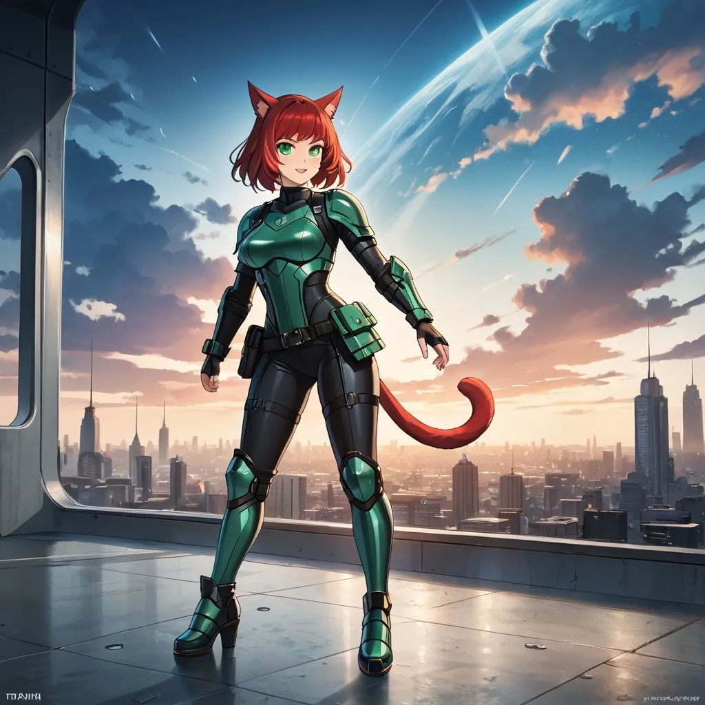 Prompt: Full body, (female miqo'te), (short black bob hairstyle), (green eyes), dressed in sleek leather armor, intense gaze, dynamic pose, captivating expression, dark and gritty atmosphere, misty background, futuristic city edges, high quality, ultra-detailed, cinematic lighting, showcasing her fierce warrior essence.