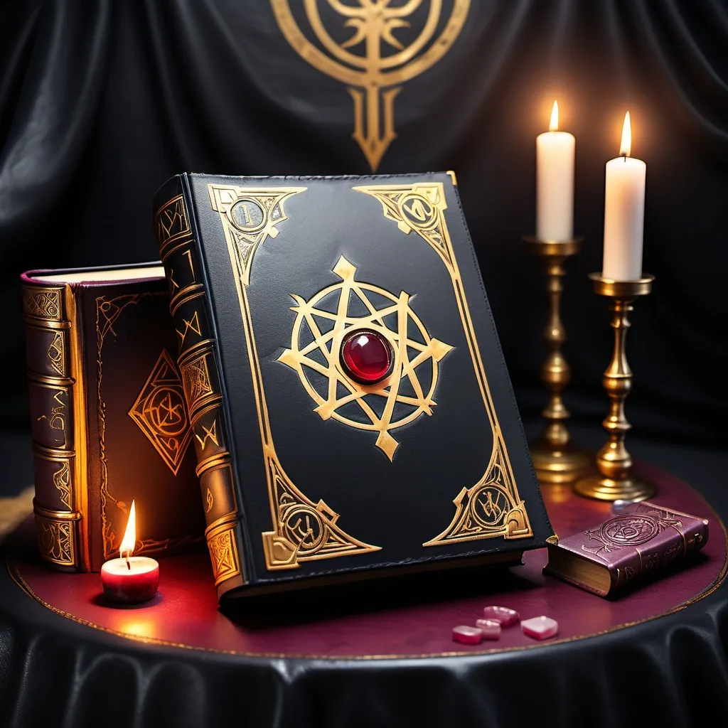 Prompt: A Black magic tome on a table with black leather cover and gold glowing magic runes, a magical aura surrounds the book, A ruby sits on the table on a gold stand,