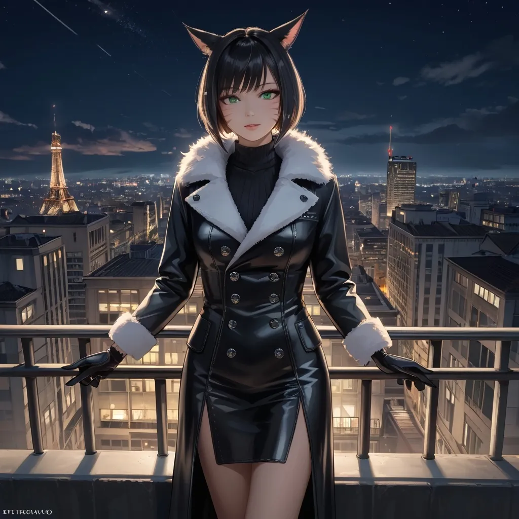 Prompt: UltraRealistic, a female miqo'te with short black hair and green eyes, wearing a black leather winter coat, elegant long leather gloves, standing on a penthouse balcony overlooking the city at night, evoking a mysterious and seductive ambiance, high detail, ultra-detailed, dramatic lighting, 4K resolution.