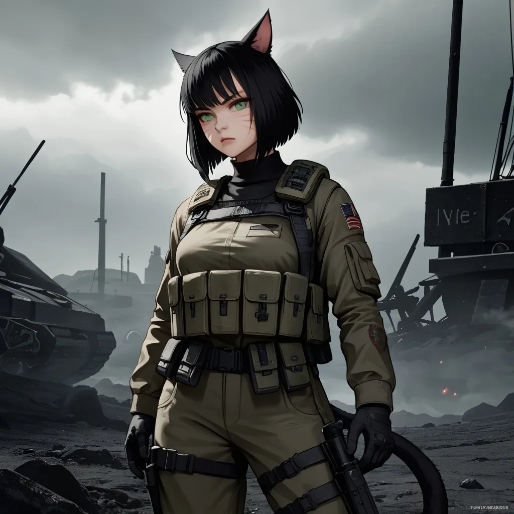 Prompt: (female miqo'te soldier), short black hair, striking green eyes, clad in rugged tactical gear, equipped with utility belts and weaponry, standing confidently, dynamic pose, intense expression, dramatic shadows and highlights, atmospheric battlefield background, impact of war evident, muted colors, high detail, ultra-detailed, 4K, cinematic vibe.