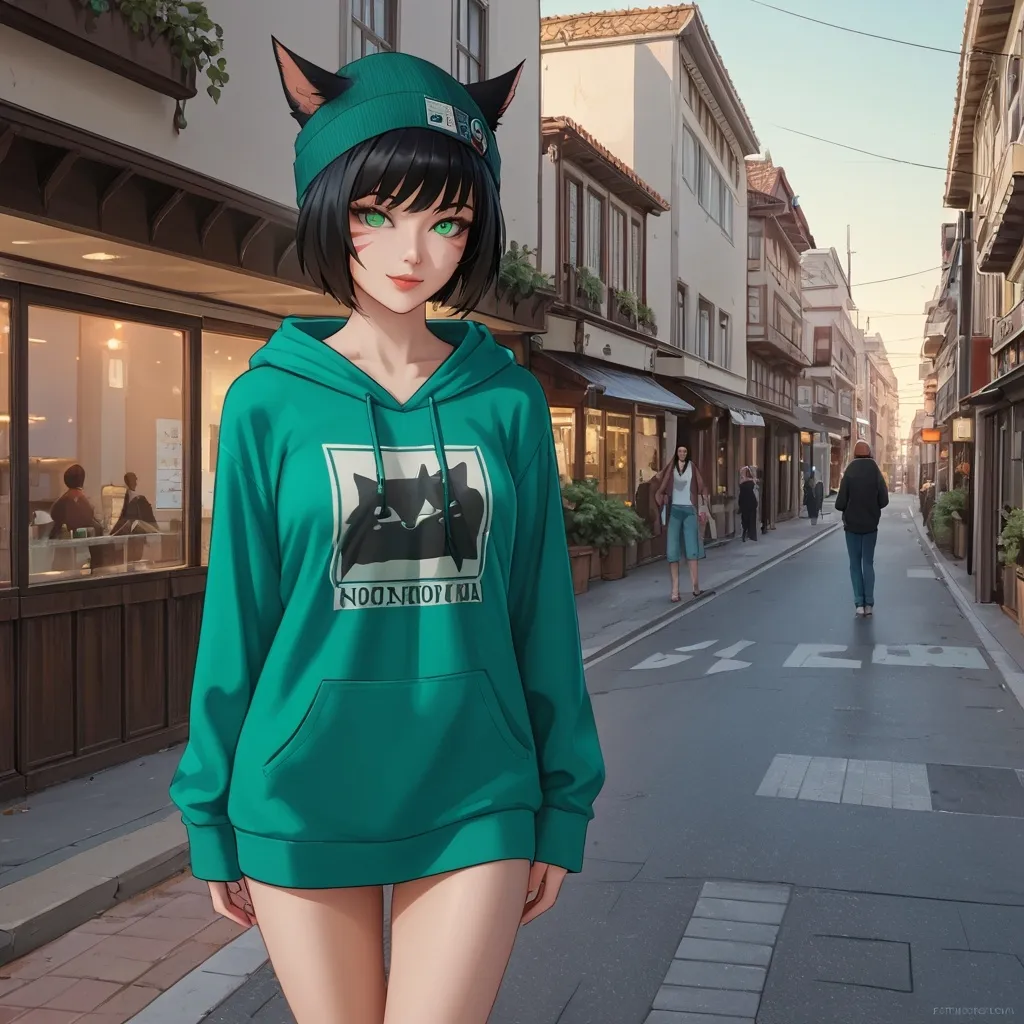 Prompt: ultrarealistic, A beautiful female miqo'te with short black hair and green eyes, wearing a beanie, wearing a large oversized hoodie with no pants, standing on the street at a resort,
