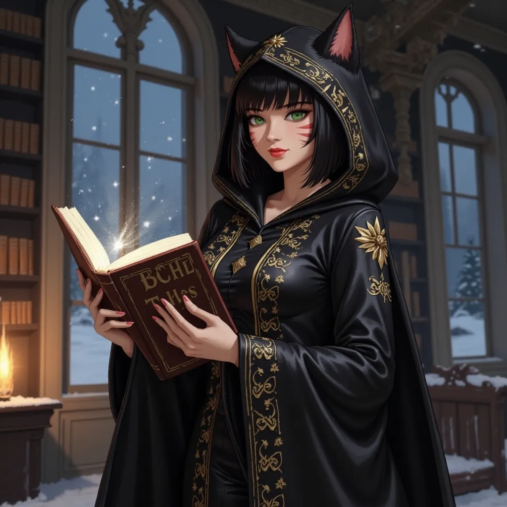 Prompt: A captivating illustration of @Ggyq6QEJ4nlldD2yzAt0 wearing a regal black wizards robe covered in gold runes and a hood, Holding a magical spellbook that radiates a soft glow. standing in an elaborate wizard's study with large windows showing a snowy night,