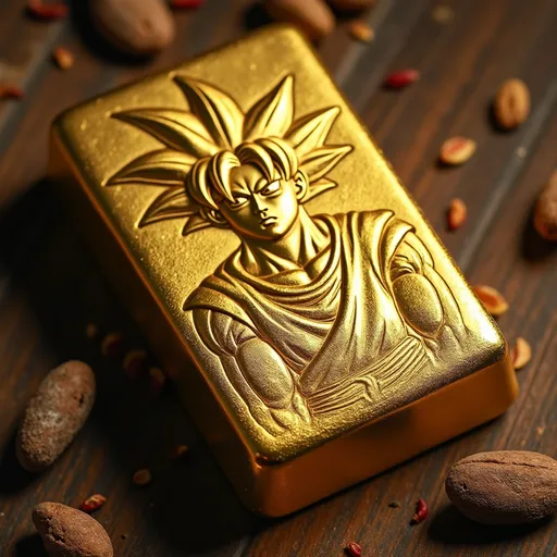 Prompt: A bar of gold with a picture of goku engraved on it,