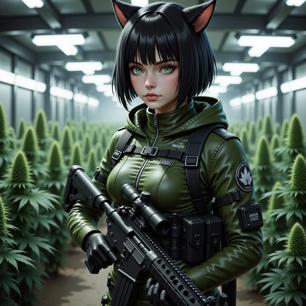 Prompt: ultrarealistic, A beautiful female miqo'te with short black hair and green eyes, dressed as a call of duty modern warfare operator, holding a rifle, inside an illegal weed farm,