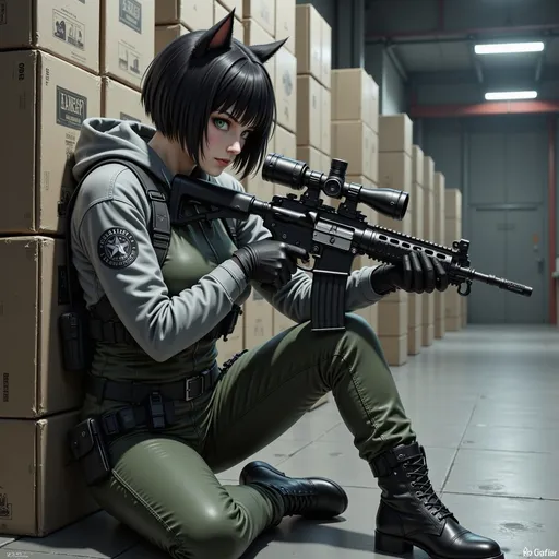 Prompt: Firing a rifle, grey hoodie, cargo pants, warehouse,