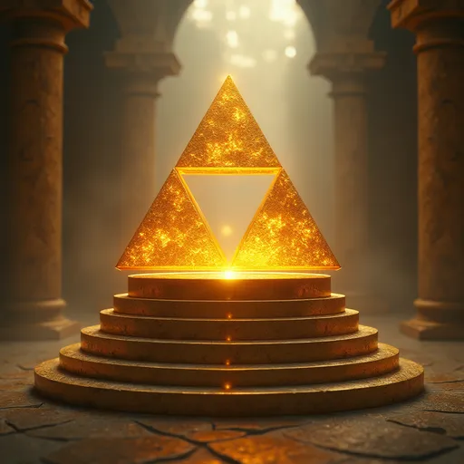 Prompt: golden triforce on a pedestal, (radiant) gleaming gold, ornate pedestal design, intricate details, dramatic lighting enhancing reflections, mystical ambiance, surrounded by a soft radiant glow, high-definition, ultra-detailed 3D artwork, ethereal background with hints of ancient ruins, captivating allure drawing the viewer’s eye, mesmerizing and inviting atmosphere.